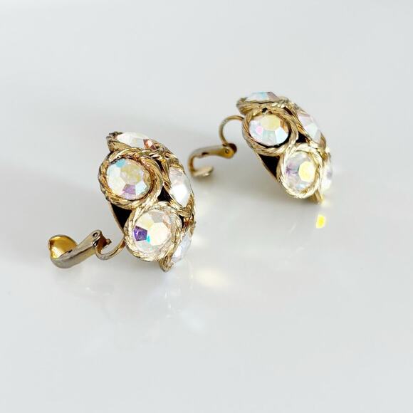 Vintage Aurora Borealis Dome Clip On Earrings - Picture 5 of 13